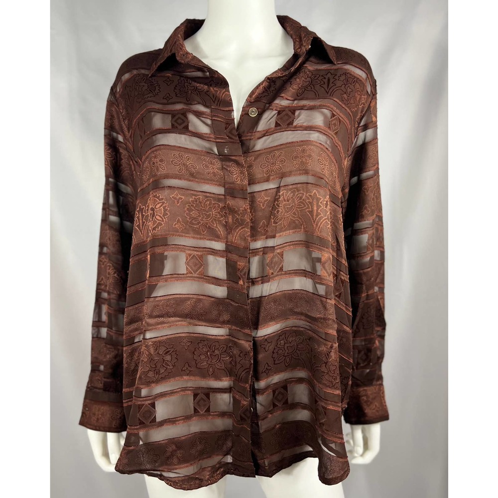 1970's Brown Sheer Striped/Floral Blouse